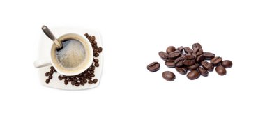 Beyaz arka planda izole edilmiş kahve ve kahve çekirdekleri.