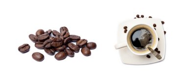 Beyaz arka planda izole edilmiş kahve ve kahve çekirdekleri.