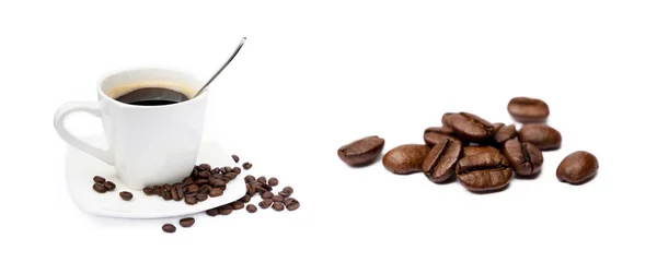 Tasse Kaffee Und Kaffeebohnen Isoliert Auf Weißem Hintergrund — Stockfoto