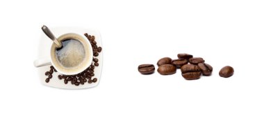Beyaz arka planda izole edilmiş kahve ve kahve çekirdekleri.