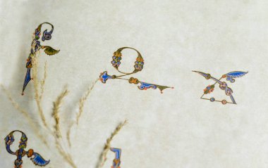 Harfler: Ermeni süslemeli baş harfleri 11-14 yüzyıl. Ermeni kültürü ve zanaat kavramı. Geleneksel yaratım.