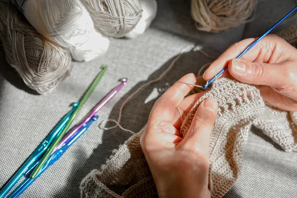 Crochet Female Hands Knitting Knitted Woolen Thread Handicraft Hobby Crochet — ストック写真