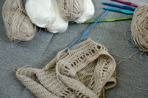 Crochet Female Hands Knitting Knitted Woolen Thread Handicraft Hobby Crochet — Foto Stock