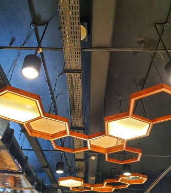 Hexagon lights that adorn the ceiling of the building.