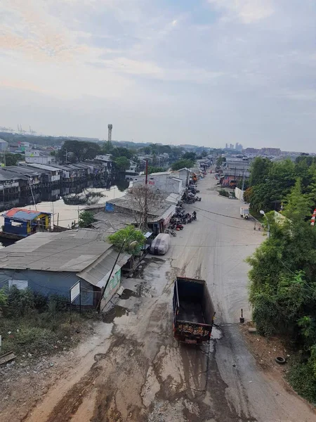 Aerial View Slum Settlement North Side Jakarta Settlement Located Edge — ストック写真