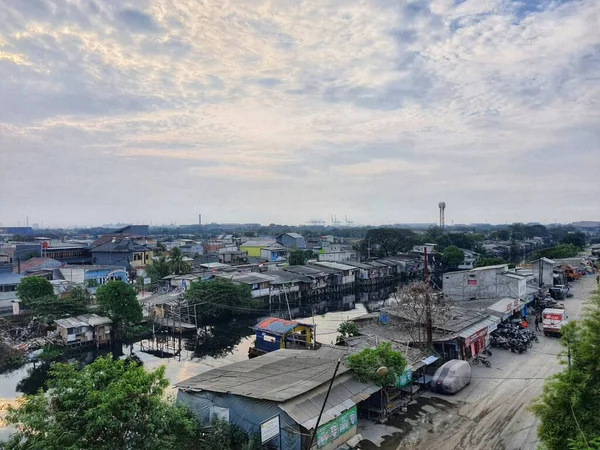 Aerial View Slum Settlement North Side Jakarta Settlement Located Edge — ストック写真