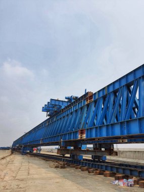 This is the steel structure of a launcher gantry that will be used for erection precast concrete I Girder. One of method for erection girder in construction project.