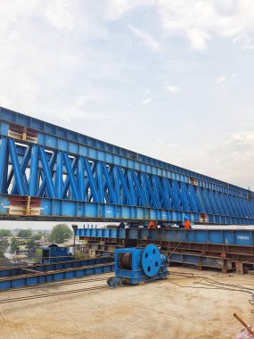 This is the steel structure of a launcher gantry that will be used for erection precast concrete I Girder. One of method for erection girder in construction project.