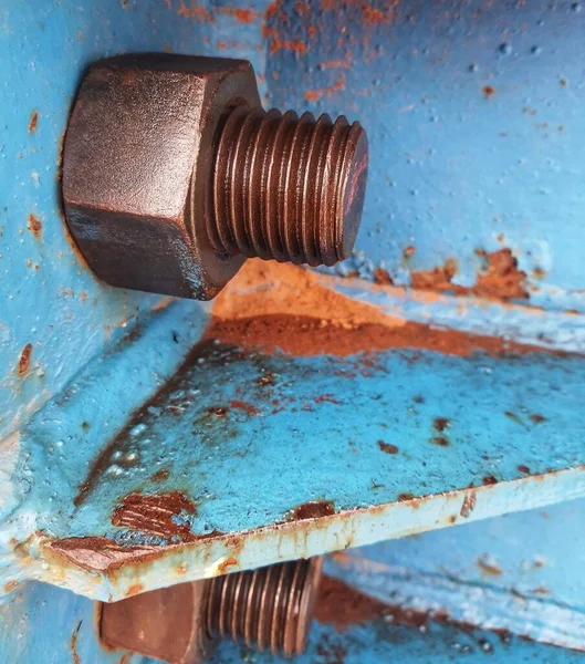 Close Photo Bolt Nut Connection Joins Steel Plate Launcher Gantry — 스톡 사진