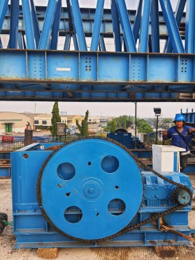 This is a photo of external hoist. One part of the manual gantry launcher made in Indonesia, owned by a local company in Indonesia. This launcher is still under development for automation.