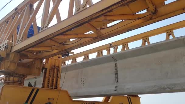 Steel Structure Launcher Gantry Used Erection Precast Concrete Girder River — Stock Video