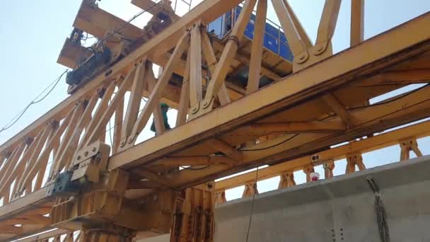 Steel Structure Launcher Gantry Used Erection Precast Concrete Girder River — Stock Video