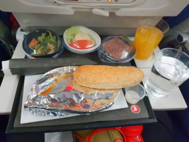 Istanbul, Turkey in July 2022. Flight meal of a Turkish Airlines plane. This food is halal food that can be consumed by Muslims.