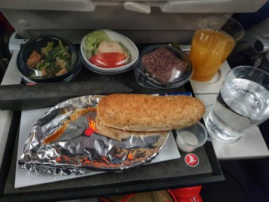 Istanbul, Turkey in July 2022. Flight meal of a Turkish Airlines plane. This food is halal food that can be consumed by Muslims.