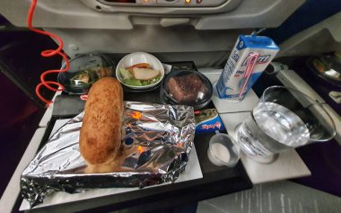 Istanbul, Turkey in July 2022. Flight meal of a Turkish Airlines plane. This food is halal food that can be consumed by Muslims.