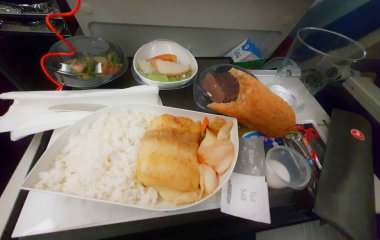 Istanbul, Turkey in July 2022. Flight meal of a Turkish Airlines plane. This food is halal food that can be consumed by Muslims.