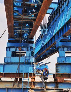 This is the steel structure of a launcher gantry that will be used for erection precast concrete I Girder. One of method for erection girder in construction project.
