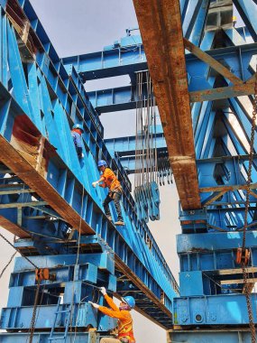 This is the steel structure of a launcher gantry that will be used for erection precast concrete I Girder. One of method for erection girder in construction project.