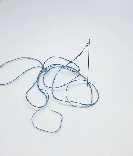 Sewing Needle Light Blue Thread Attached Needles Stand Upright Ready — Φωτογραφία Αρχείου