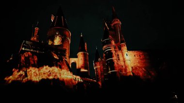 Osaka, Japonya, 8 Temmuz 2019. Hogwarts Kalesi 'nde geceleyin çok güzel bir ışık gösterisi. Japonya Universal Stüdyoları' nı ziyaret ettiğinizde görmeniz gereken dört yurdu da içeriyor..