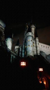 Osaka, Japonya, 8 Temmuz 2019. Hogwarts Kalesi 'nde geceleyin çok güzel bir ışık gösterisi. Bunu Universal Stüdyoları Japonya' yı ziyaret ettiğinizde görmelisiniz. Çok gergin ve ilginç..