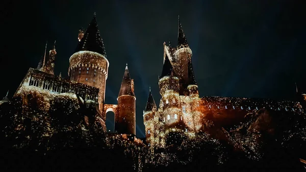 Osaka, Japonya, 8 Temmuz 2019. Hogwarts Kalesi 'nde geceleyin çok güzel bir ışık gösterisi. Japonya Universal Stüdyoları' nı ziyaret ettiğinizde görmeniz gereken dört yurdu da içeriyor..