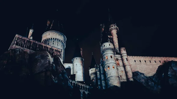 Osaka, Japonya, 8 Temmuz 2019. Hogwarts Kalesi 'nde geceleyin çok güzel bir ışık gösterisi. Bunu Universal Stüdyoları Japonya' yı ziyaret ettiğinizde görmelisiniz. Çok gergin ve ilginç..