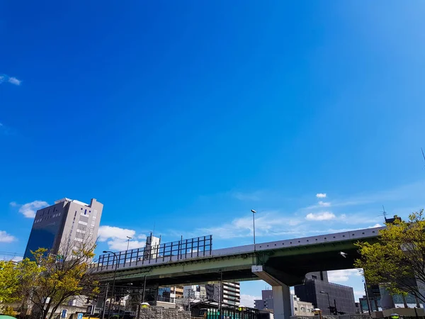 The side view of an overpass bridge in Osaka, shows a girder made of high tensile steel in green and gray with a box shape with a wing on it and bolted connection. There are also columns made of concrete and steel.