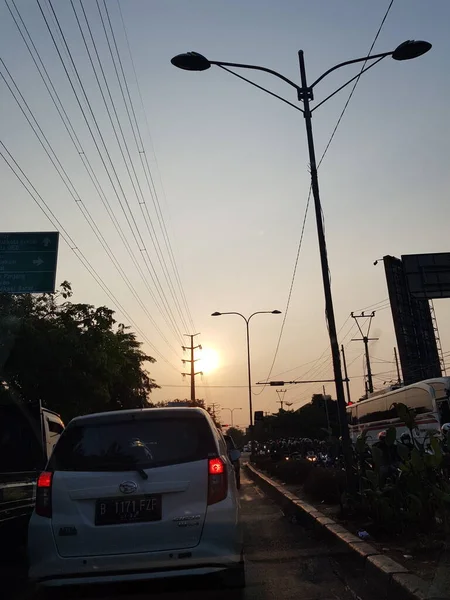 West Java Indonesia July 2018 Traffic Jam Afternoon Dusk Sun — Stock Photo, Image