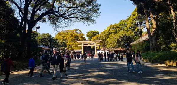 2019年4月 游客们走在原宿森林的入口处 前往明治寺 明治寺以其吉日公园和原宿森林而闻名 — 图库照片