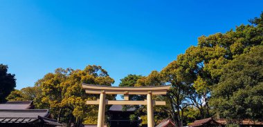 Torii Kapısı Meiji Jingu Tapınağı, Tokyo girişinde duruyor. Meiji Tapınağı bahçeleri ve şehir ormanıyla ünlüdür. Tokyo 'nun en büyük kentsel ormanlarından biri olan Harajuku Şehir Ormanı olarak da bilinir..