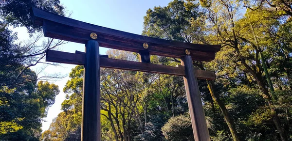 位于东京明治静水神龛入口的鸟里门 明治寺以园林和城市森林而闻名 东京最大的城市森林之一 也被称为原宿城市森林 — 图库照片