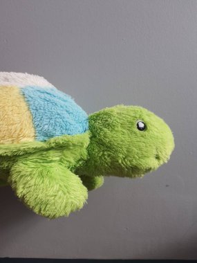 Ana rengi yeşil olan doldurulmuş kaplumbağa bebeğin fotoğrafı. Çok komik. Kirli, kirli ve biraz da sıkıcı olsa da..