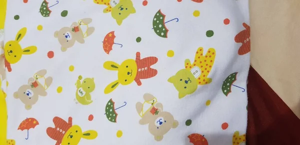 Motif Bed Sheet Has Cartoon Rabbit Bear Very Cute Adorable — Stock Photo, Image