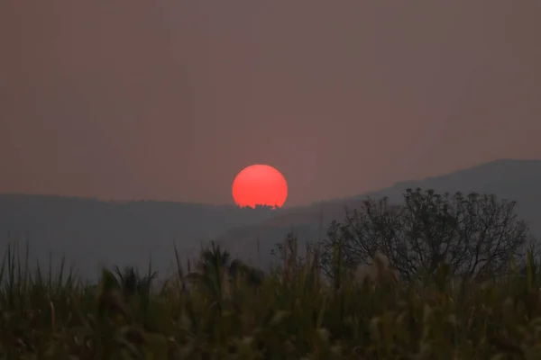 Hermosa Vista Atardecer Rojo Con Árboles Montañas — Foto de Stock