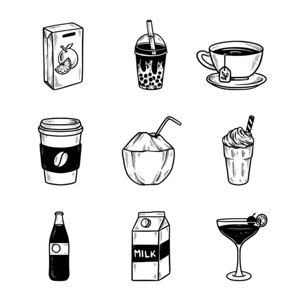 Set Beverages Hand Drawn Illustration Vector — Stockový vektor