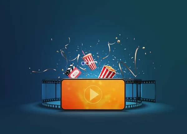 Watching movies cinema or music online entertainment media on smartphone with popcorn, film strip, clapperboard and stereoscopic glasses. Multimedia app service. object clipping path. 3D Illustration.