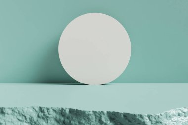 Sahne kürsüsü mavi yeşil arka plan. Duvarın yan tarafında beton zemin ya da taş var. Moda kozmetik ve sanat ürünleri için reklam alanı. kopyalama alanı. 3B illüstrasyon.