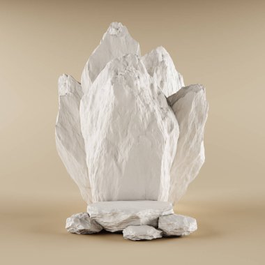 Buz gibi soğuk konsept tarzı minimum dağ. Bej renkli taş dükkânı ürünleri sert podyumlar sergiliyor kaya beyazı ham doğa malzemesi. Uzay ürünleri moda kozmetik cilt bakımı. 3B illüstrasyon.