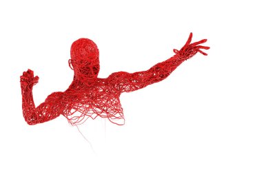 Top head torso arms hands body blood red veins, arteries, aorta knit tangled movement posture fist on white background. medical of anatomy vascular disease or scary. clipping path. 3D Illustration.