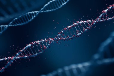 DNA yapısı kan kırmızı dairesi spiral halka mavi derin ip baloncukları yüzey yüzey gen mutasyonu ya da virüs enfeksiyonu sıçratır. Tıbbi ve bilimsel kavram. 3d illüstrasyon.