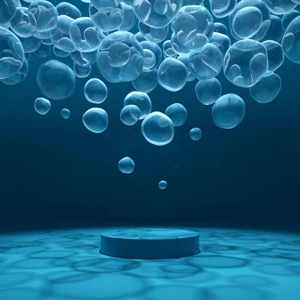 platform and podium showcase blue air bubbles with light and shadow dark background stand product minimal style display advertisement. water ripple effect underwater concept. 3D Illustration.