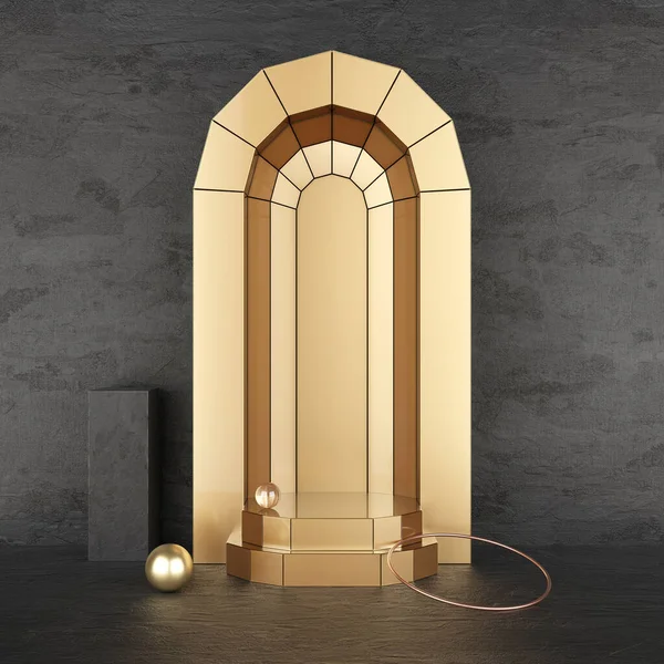 Platform Podium Golden Retro Arches Elegant Luxurious Stone Floor Black — ストック写真