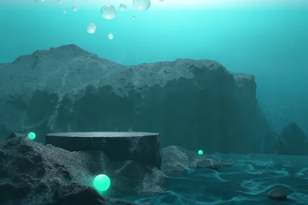 Platform podium reef underwater sea creature bubble foam shine water seabed rocks float ocean shine marine natural deep treasure. stone product display stand advertisement skincare. 3D illustration.