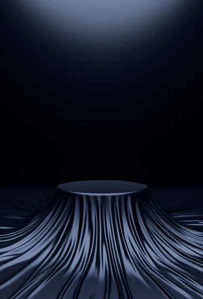 circle stage podium stand on dark blue metal fabric form. Table cover concept. Reflection of metal or velvet. Platform advertising display for jewelry fashion and cosmetics. 3D illustration.