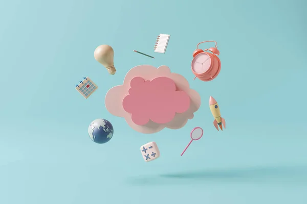 3d cloud pink shape text box kid cute imagine creative alarm clock globe rocket light bulb pencil and calculator pastel connected world online technology object of learning education. 3D Illustration.