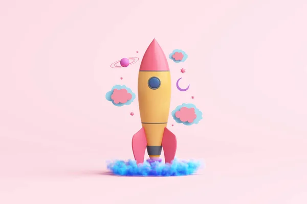 Imagine Creative Rocket Spaceship Saturn Stars Doll Children Cute Pink — Stockfoto