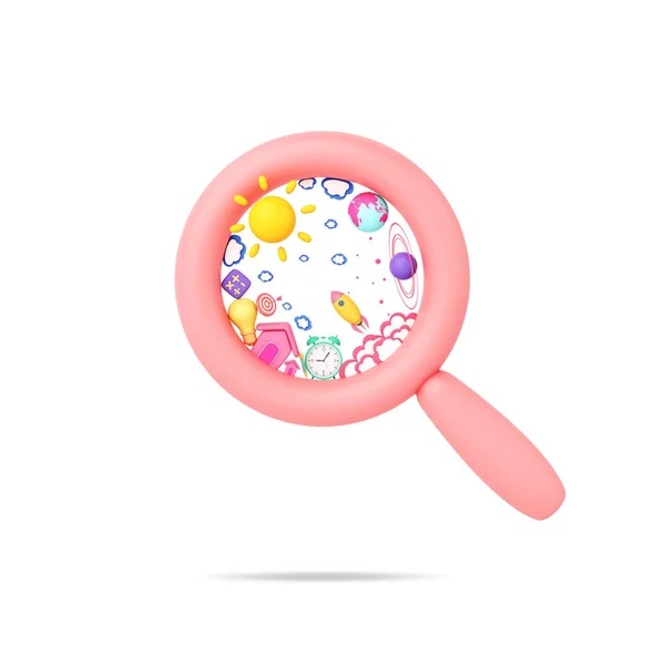 pink search engine magnifying glass online environment school kid cute creative imagination space learn study object with clock, clouds, spaceship, sun, saturn, globe. clipping path. 3D Illustration.