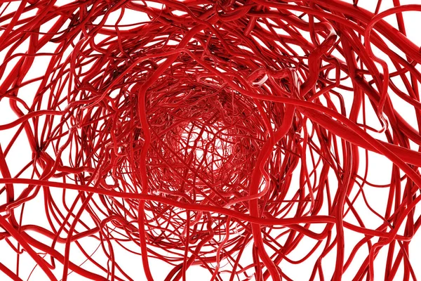 abstract red blood veins arteries, aorta knit tangled zoomed in on white background. medical science of anatomy human body concept. gene dna or vascular disease. clipping path. 3D Illustration.