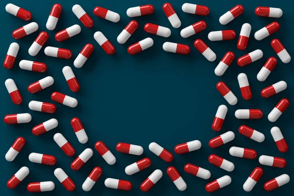 Red White Medicine Capsules Dangerous Pill Spread Dark Blue Background — Foto de Stock